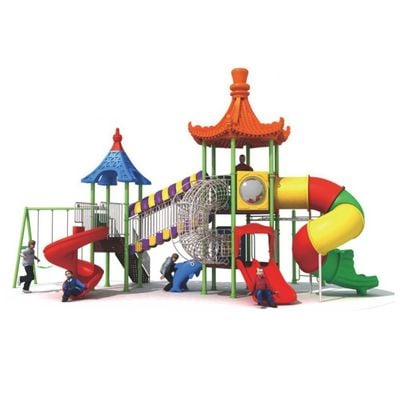 MYTS Pinokee roof with curved tube slide ,climbing rills,2 swings and monkey bar for kids